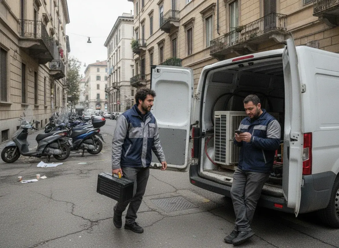 Tecnici di Assistenza Condizionatori Mitsubishi con il furgone del servizio